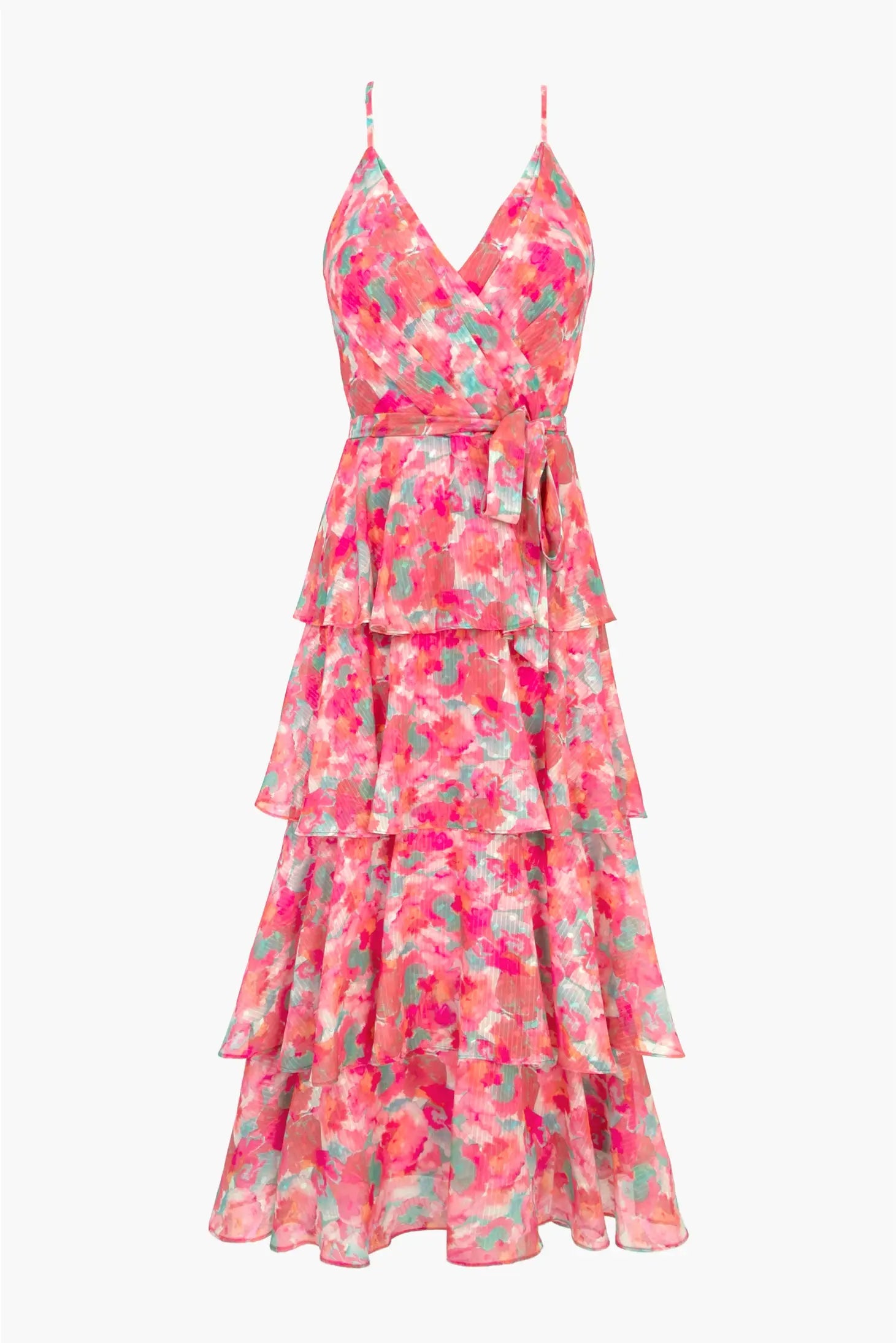 Lilla Cavallo Bright Flowy Tiered Rose Coral Maxi Dress Xs