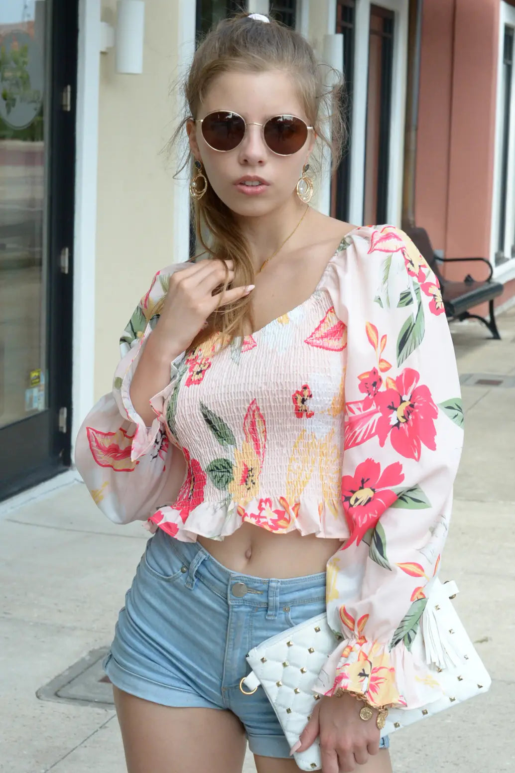 Tropical Floral Smocked Ruffle Cropped Top