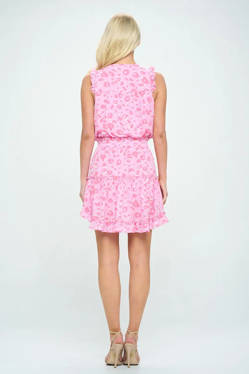 Pink Animal Print Ruffle Tie Mini Dress