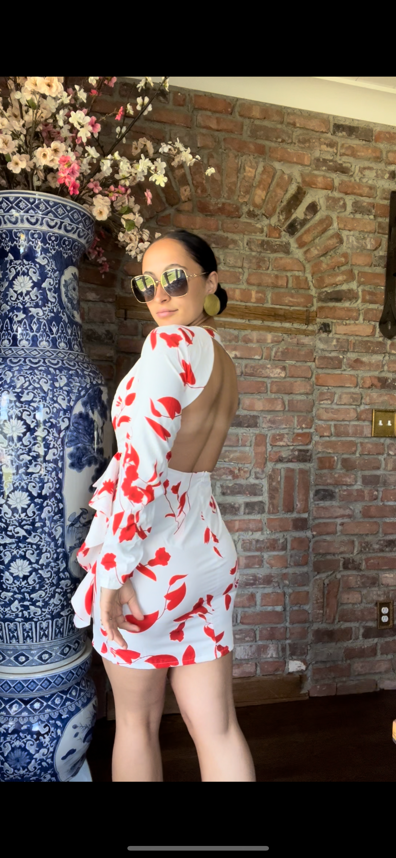 Red & White Backless Long Sleeve Floral Mini Dress