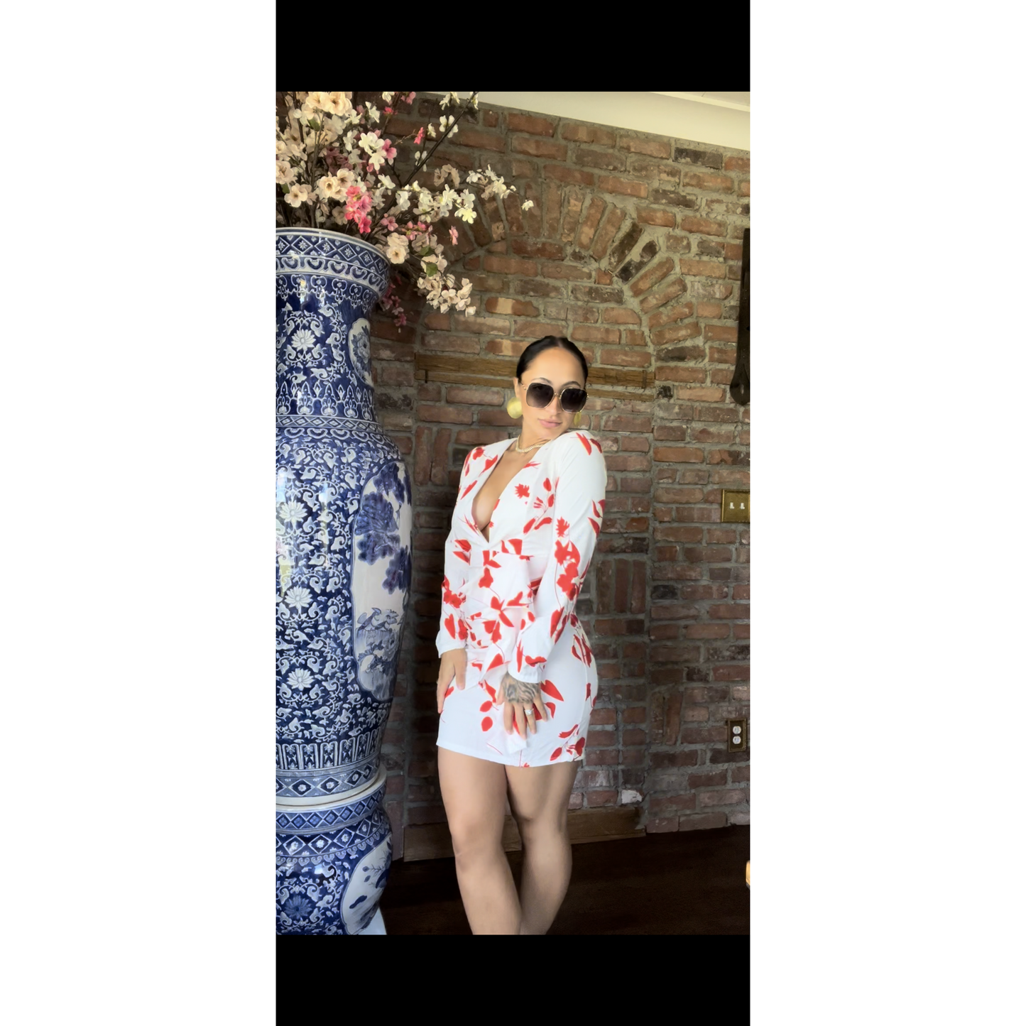 Red & White Backless Long Sleeve Floral Mini Dress