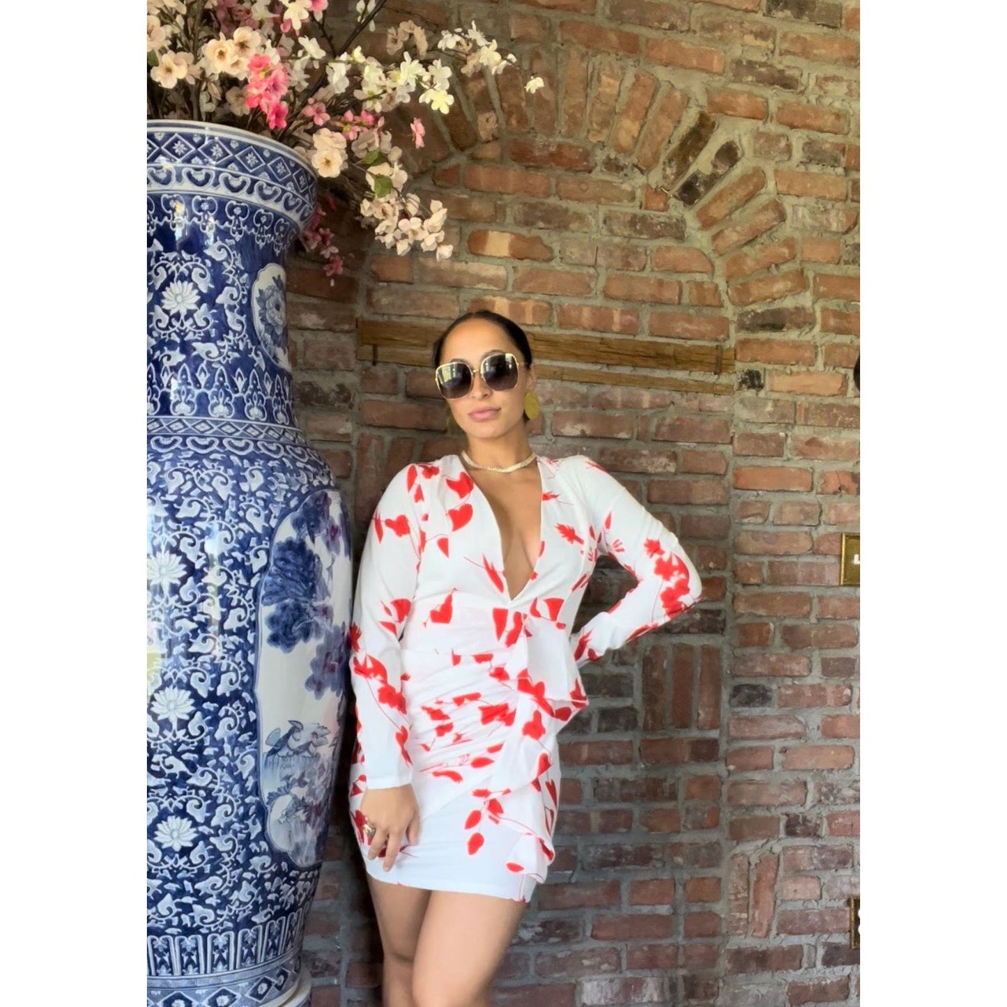 Red & White Backless Long Sleeve Floral Mini Dress
