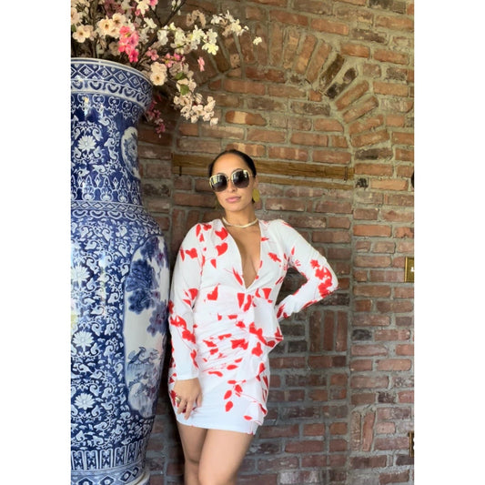 Red & White Backless Long Sleeve Floral Mini Dress