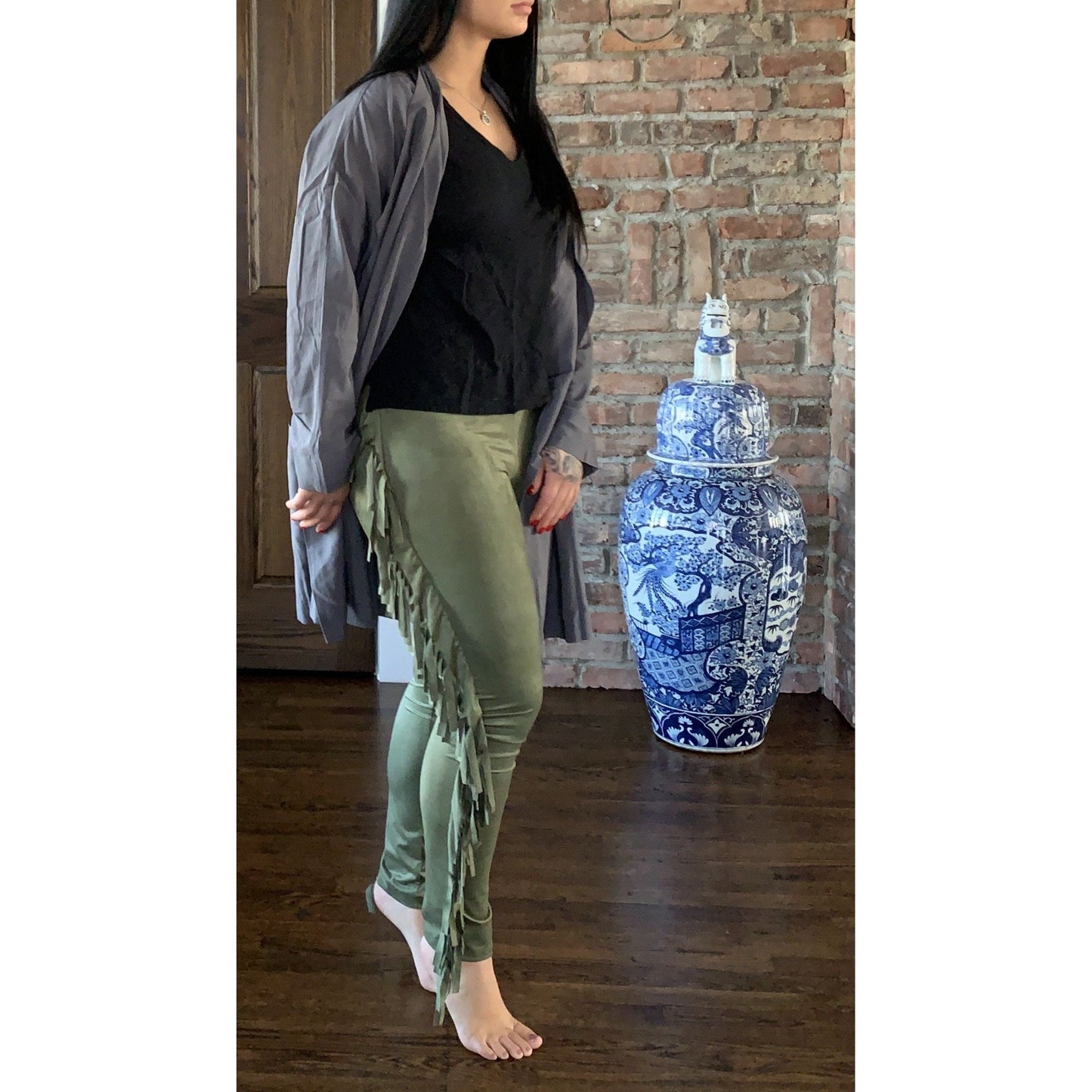 Olive Suede Fringe Skinny Pants