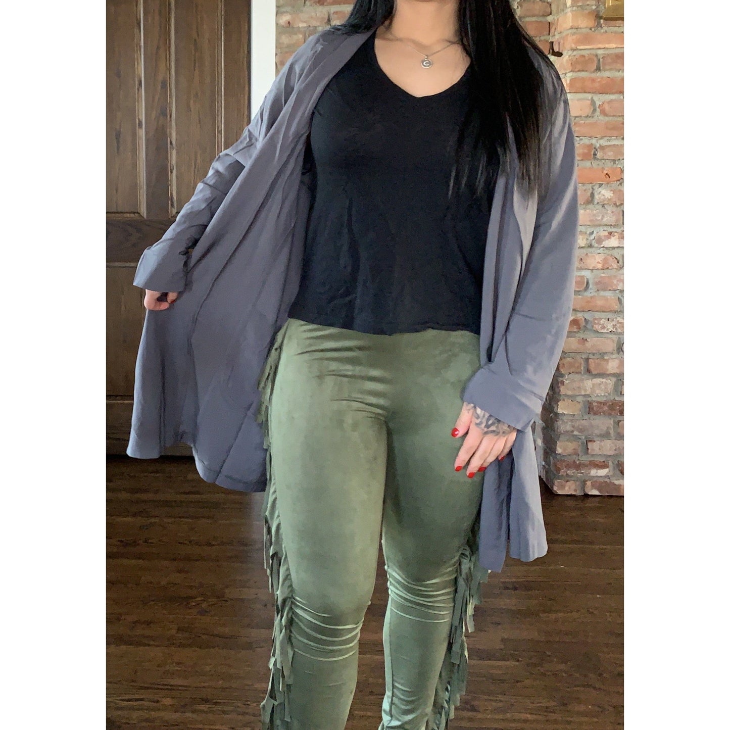 Olive Suede Fringe Skinny Pants