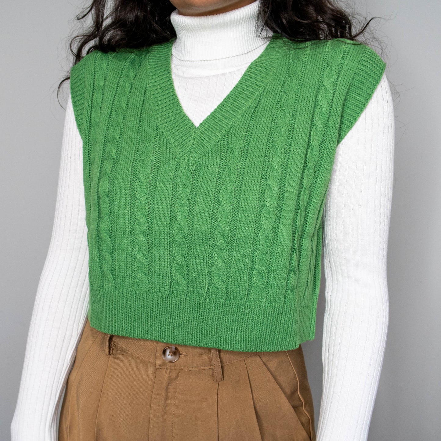 Green Cable Knit V-Neck Sweater Vest
