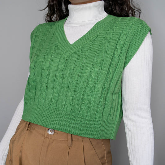 Green Cable Knit V-Neck Sweater Vest