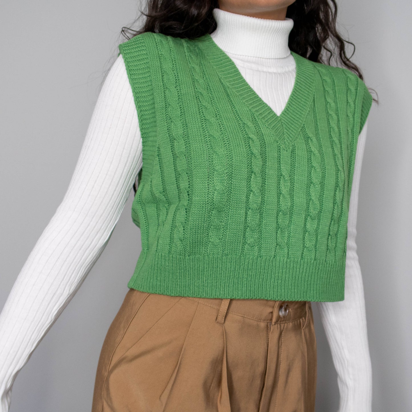Green Cable Knit V-Neck Sweater Vest
