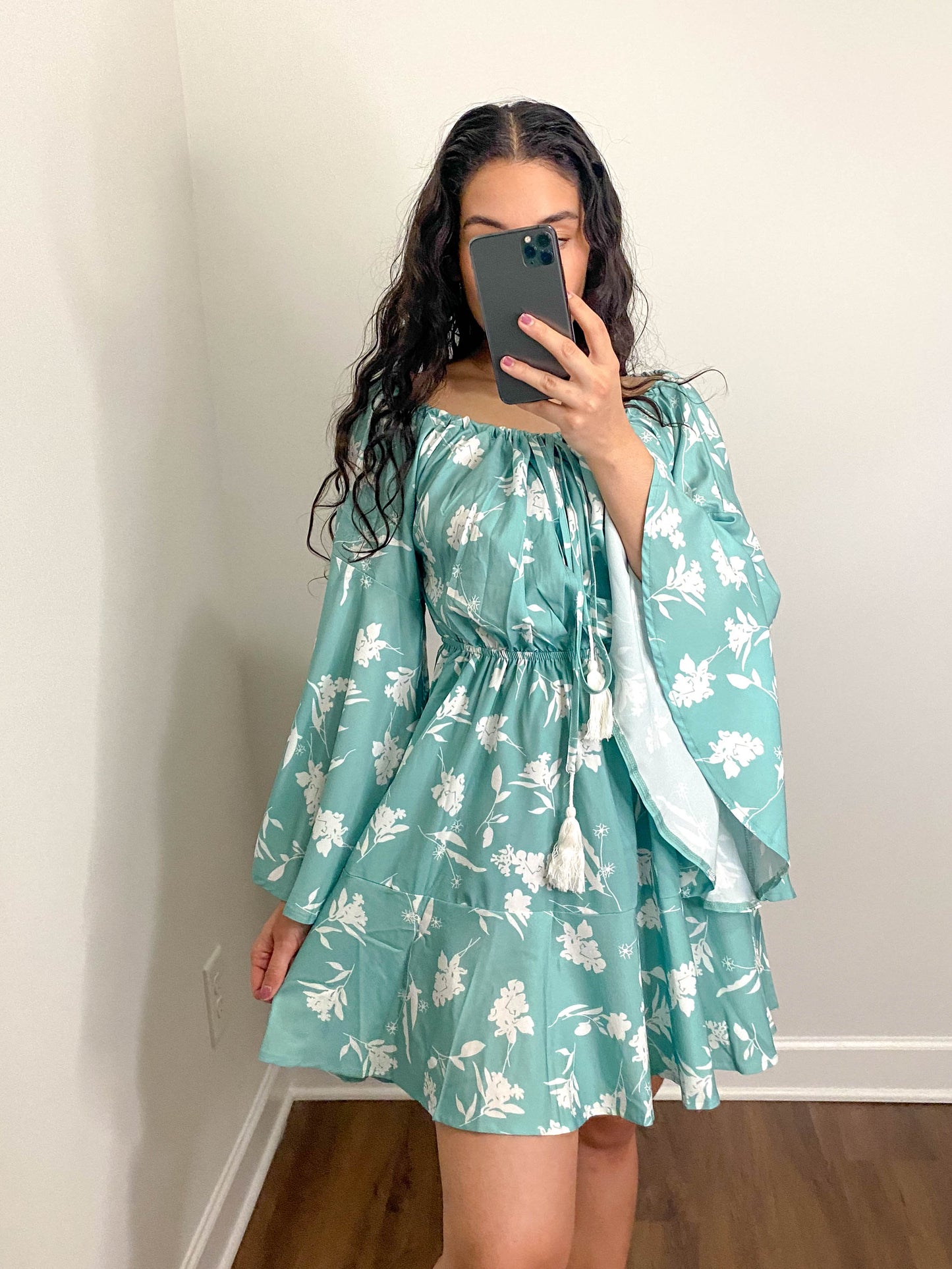 Aqua Floral Long Sleeve Flowy Mini Dress