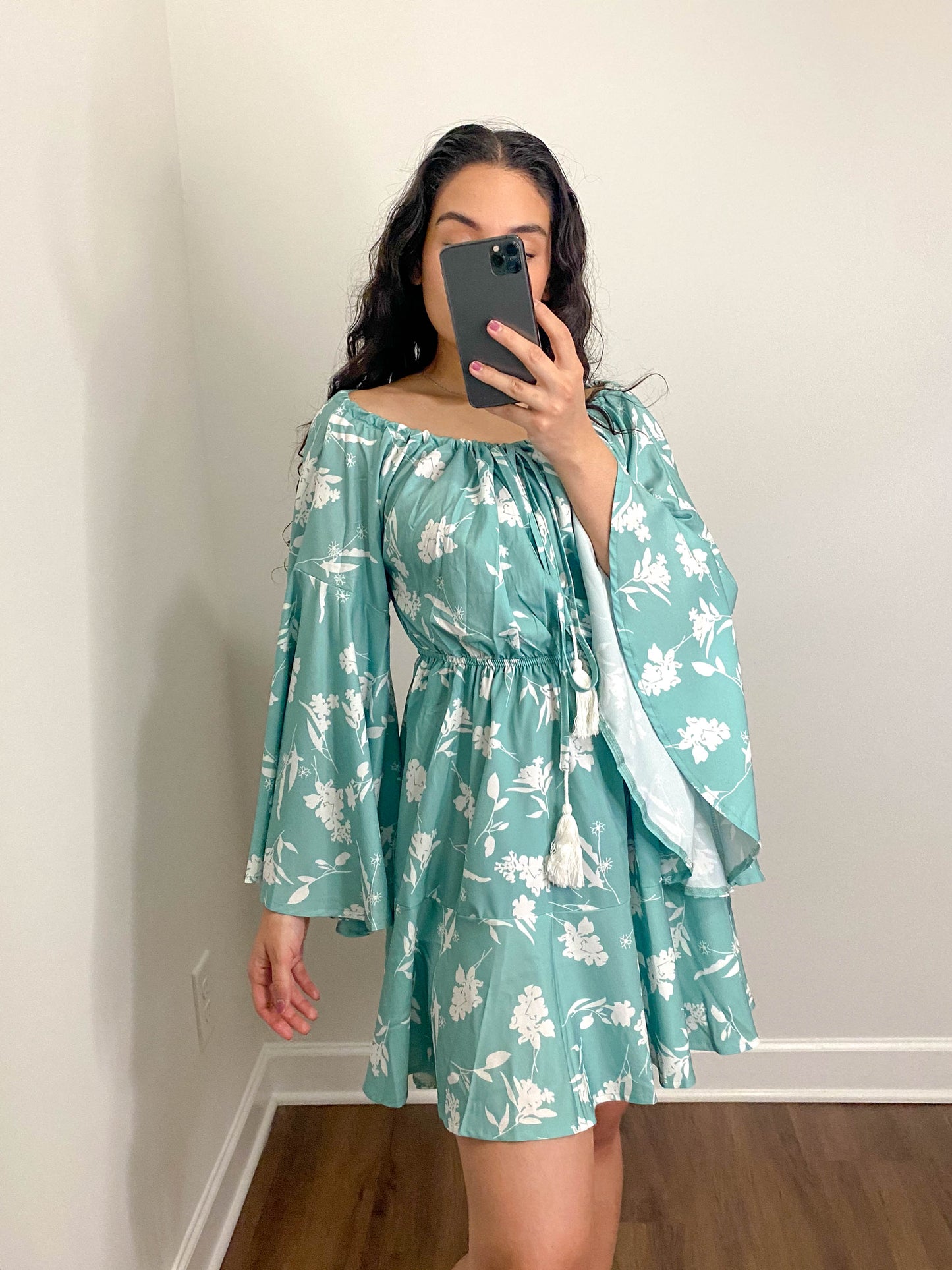 Aqua Floral Long Sleeve Flowy Mini Dress