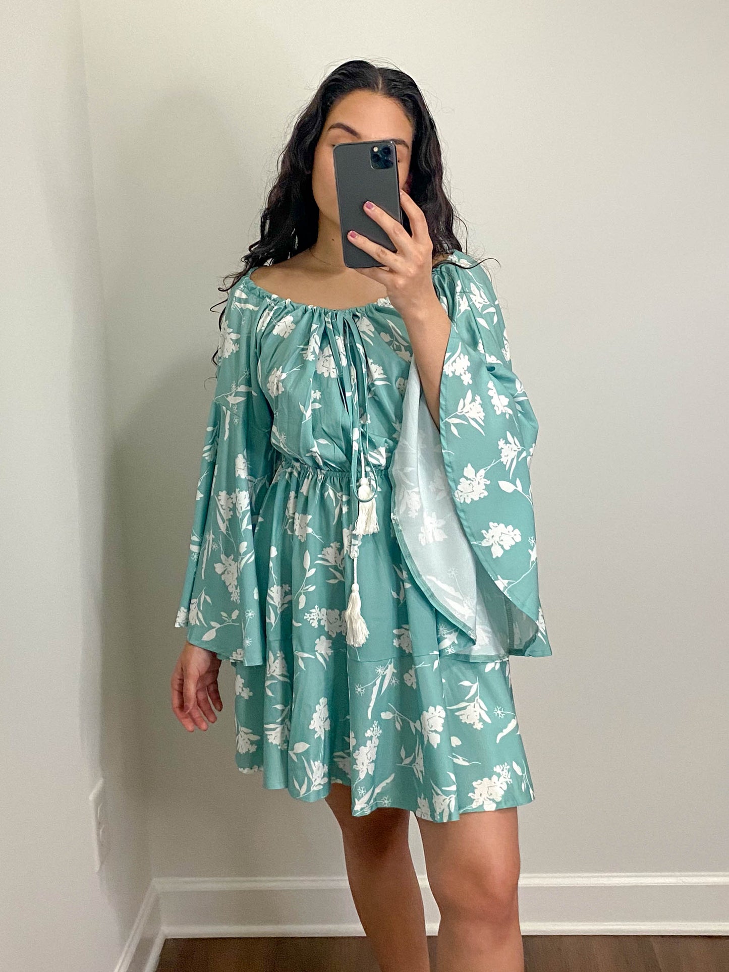 Aqua Floral Long Sleeve Flowy Mini Dress