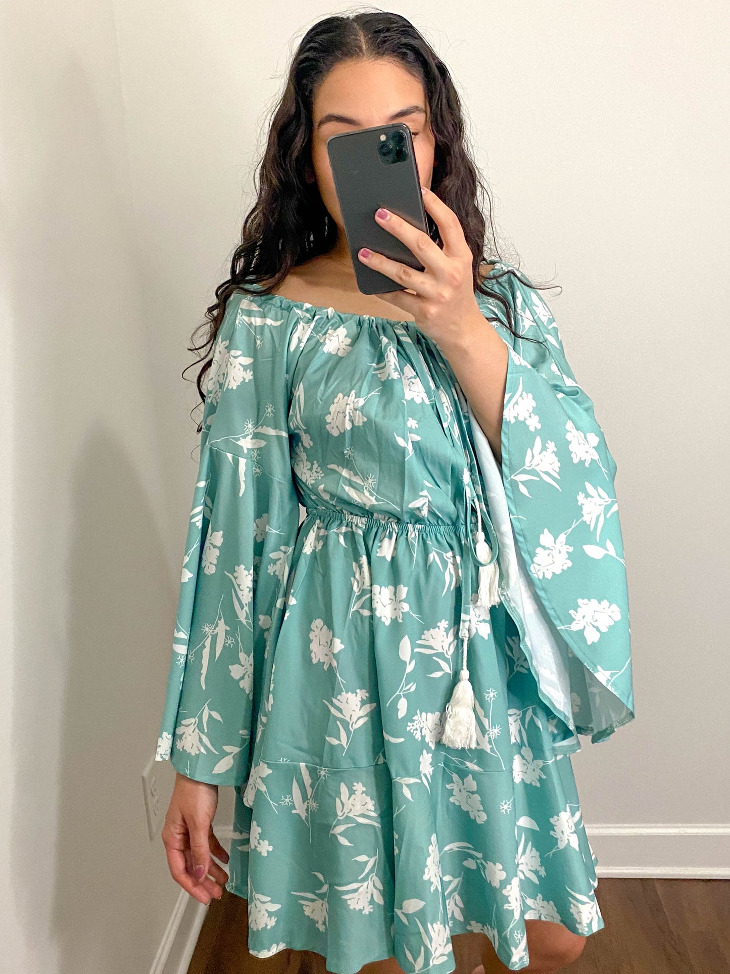 Aqua Floral Long Sleeve Flowy Mini Dress