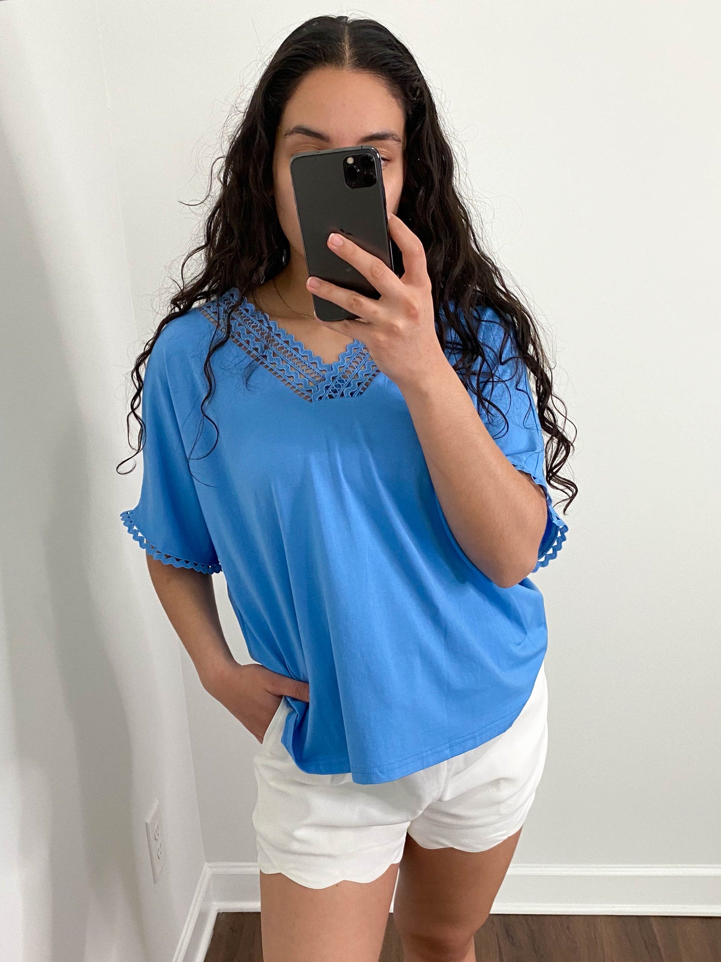 Blue Lace V Neck Loose Fit Top