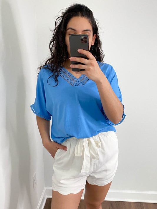 Blue Lace V Neck Loose Fit Top