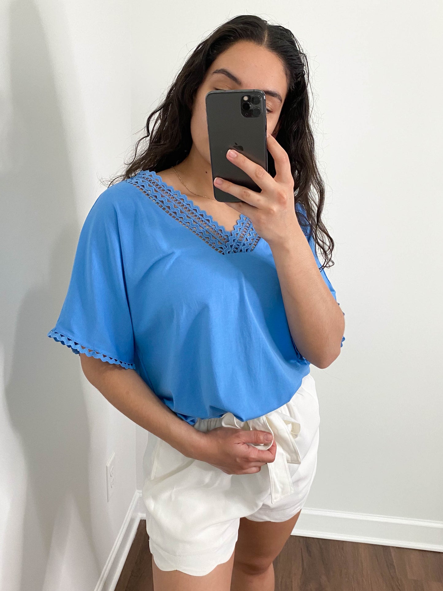 Blue Lace V Neck Loose Fit Top