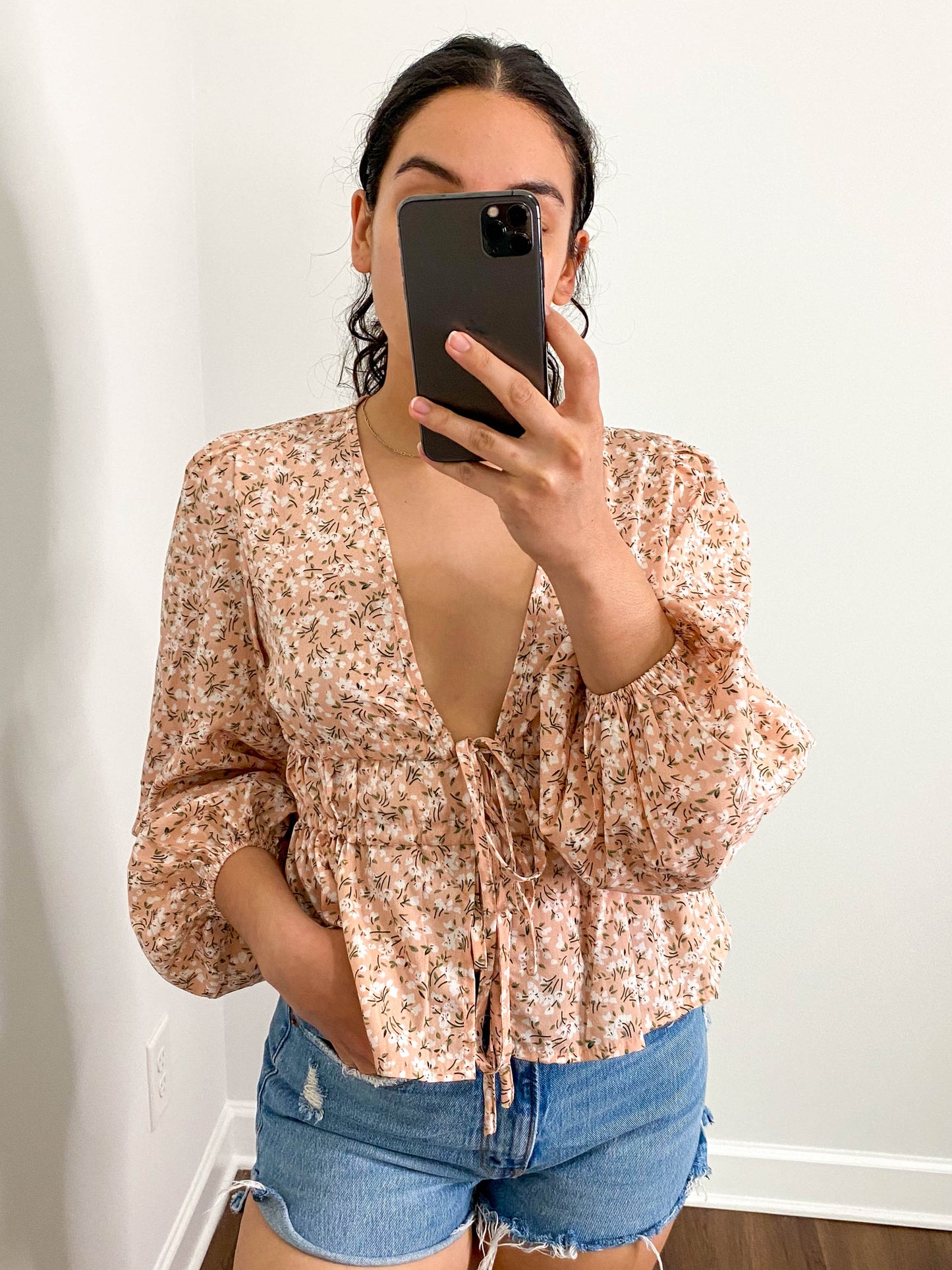 Deep V Adjustable Drawstring Floral Blouse