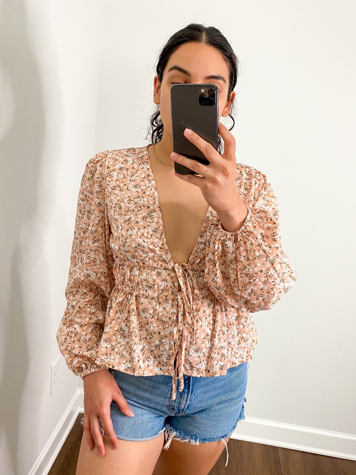 Deep V Adjustable Drawstring Floral Blouse