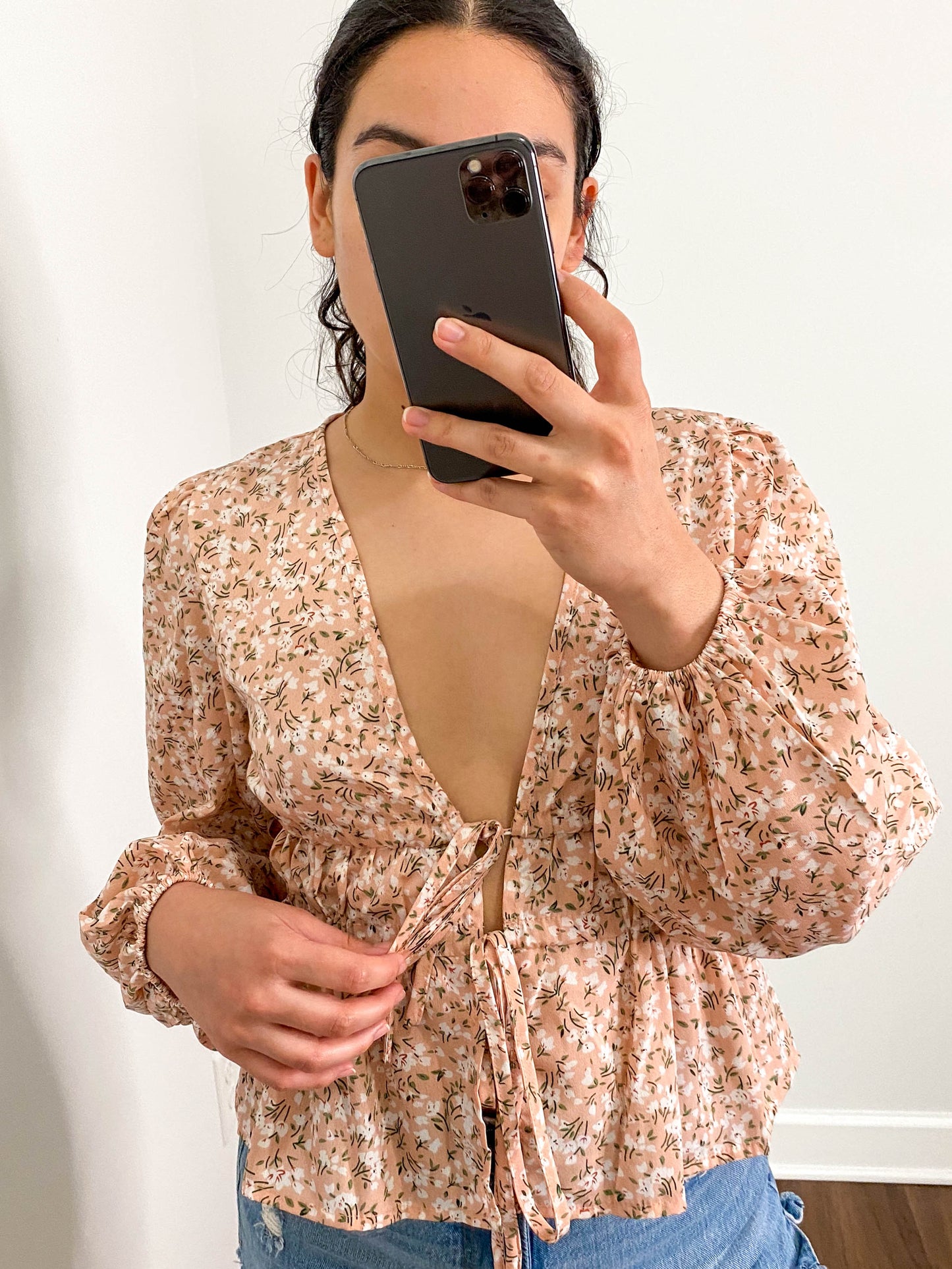 Deep V Adjustable Drawstring Floral Blouse