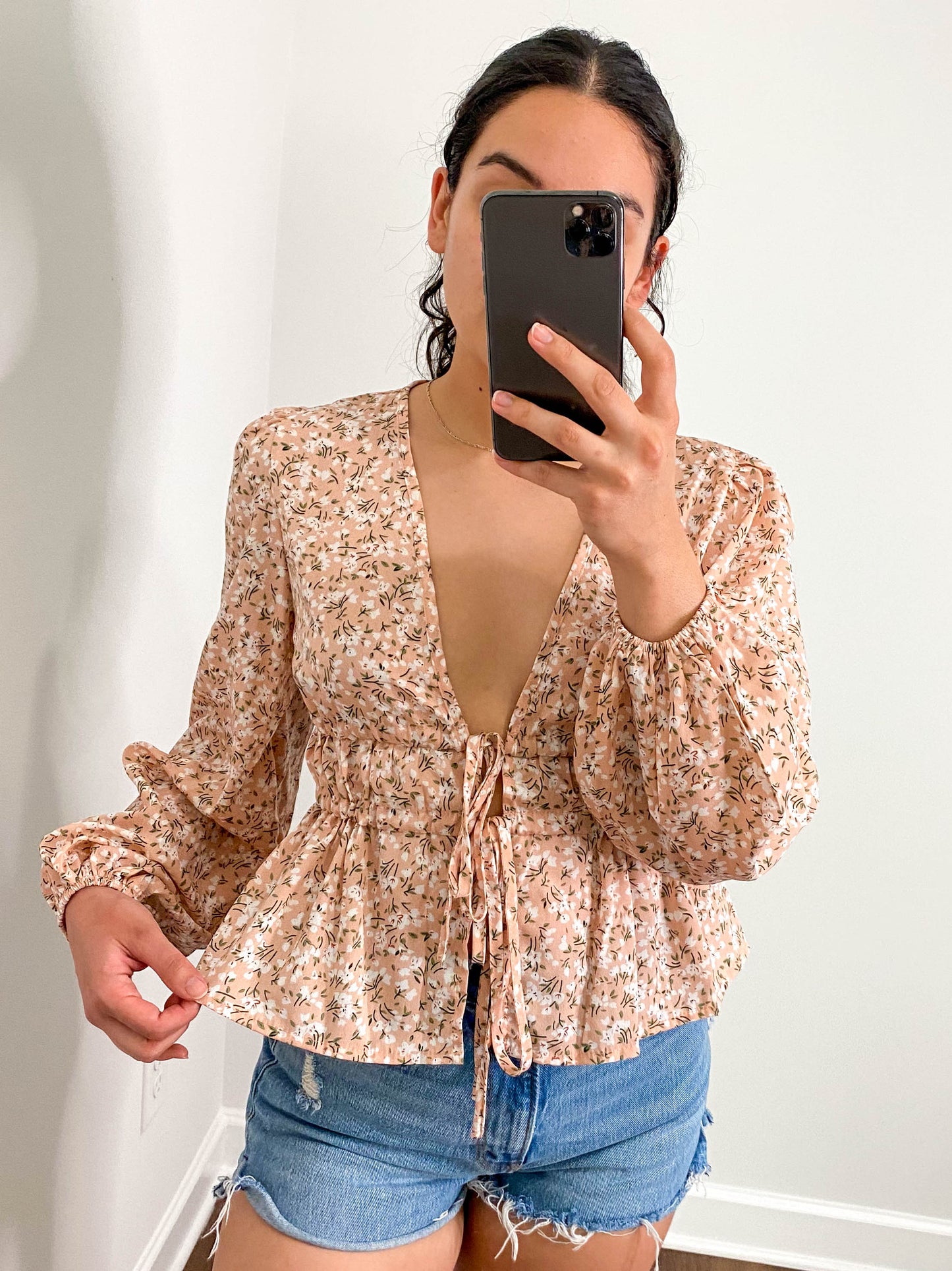 Deep V Adjustable Drawstring Floral Blouse