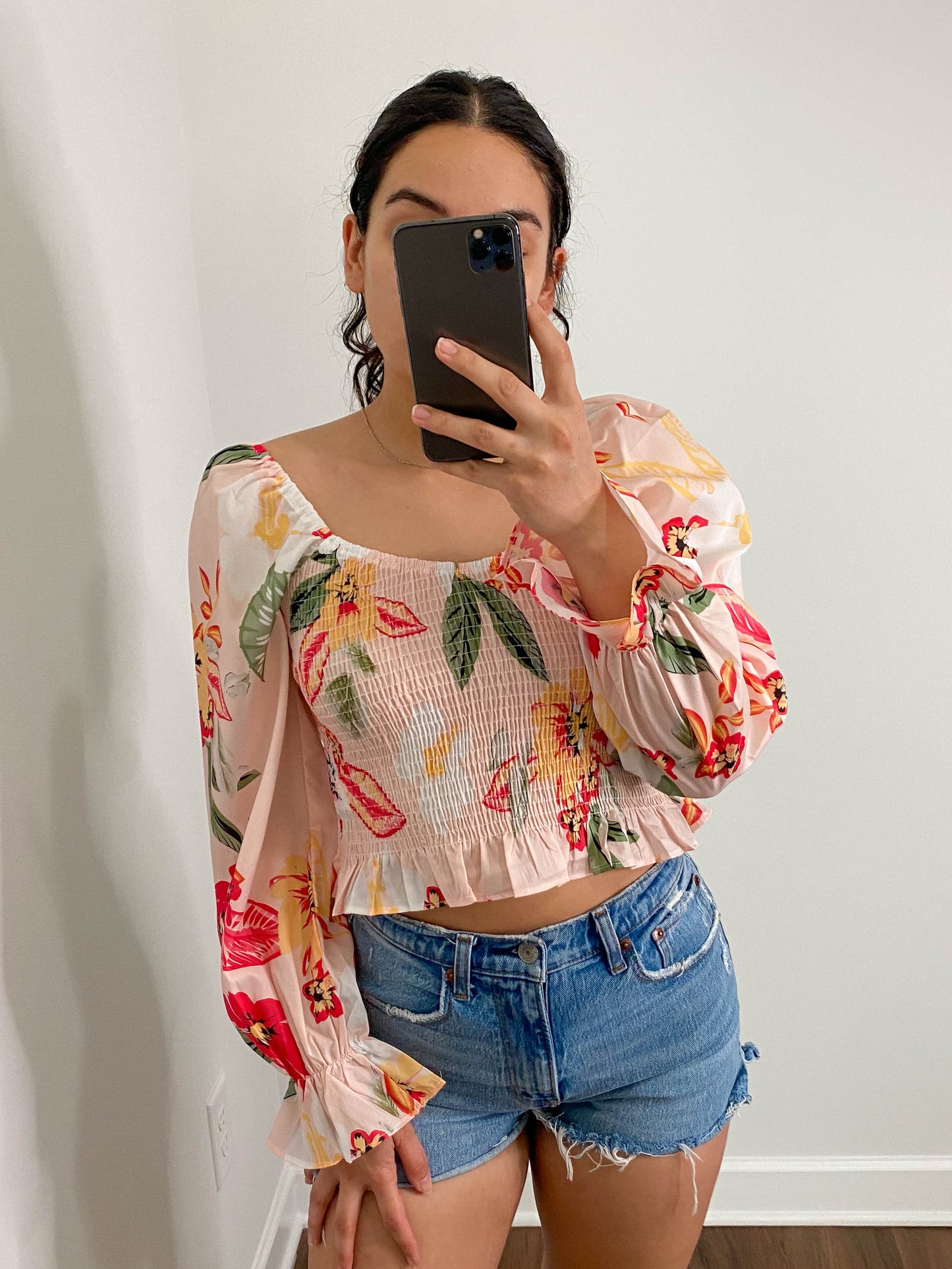 Tropical Floral Smocked Ruffle Cropped Top