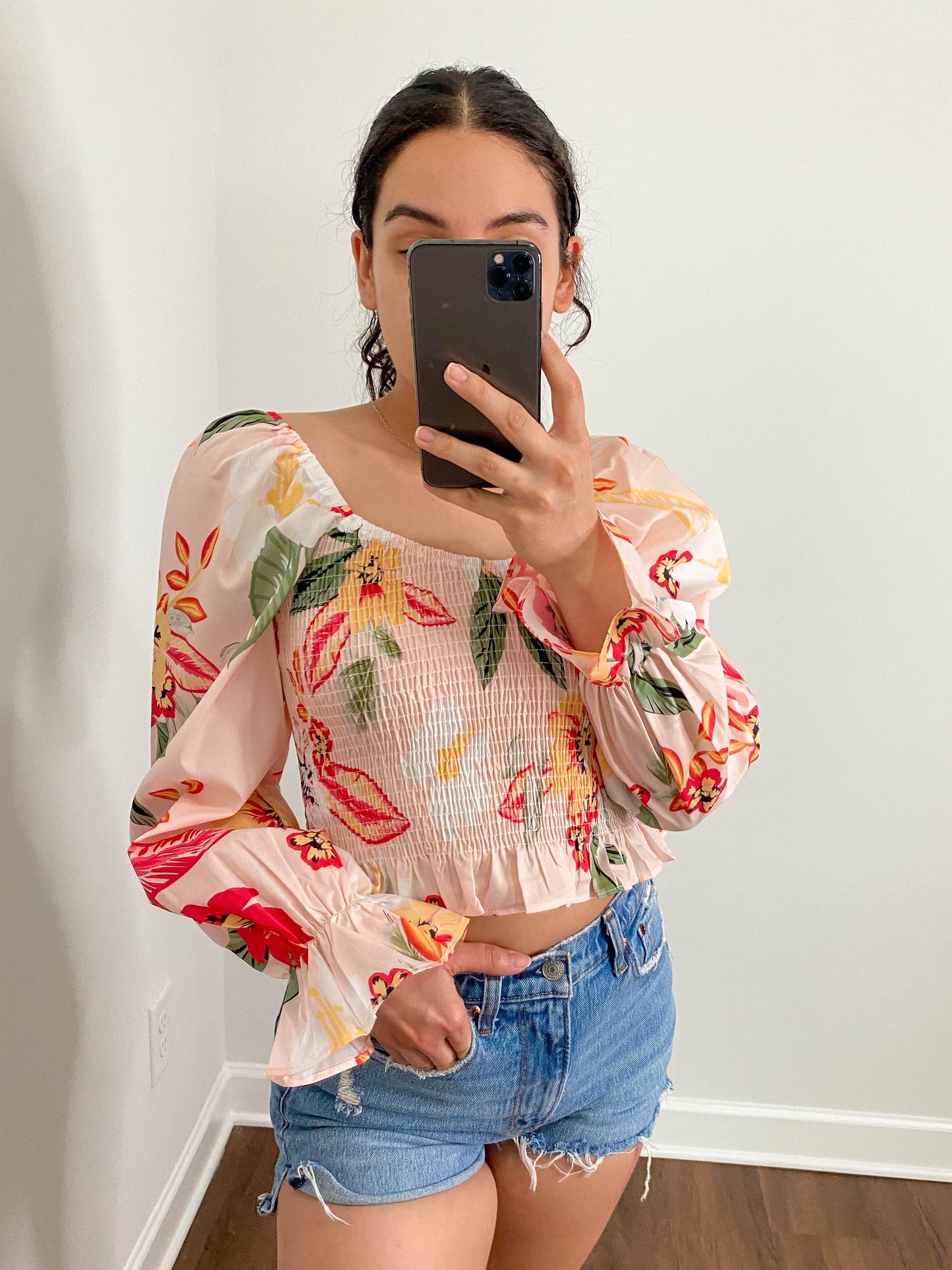 Tropical Floral Smocked Ruffle Cropped Top