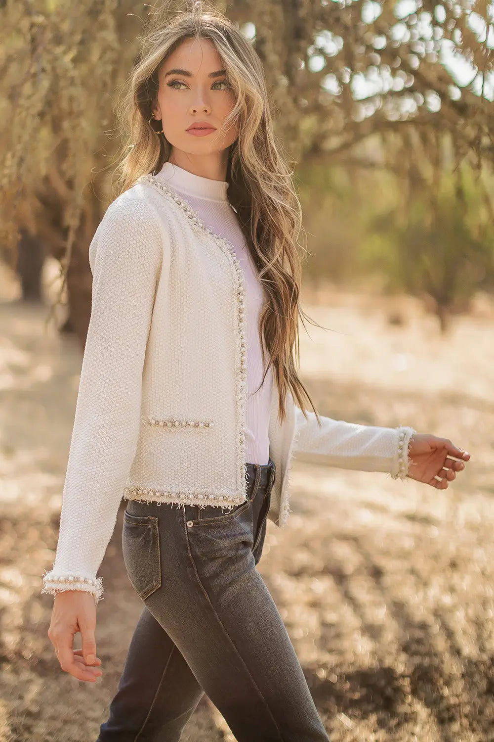 Ivory Josette Frayed Pearl Detail Knit Sweater Jacket