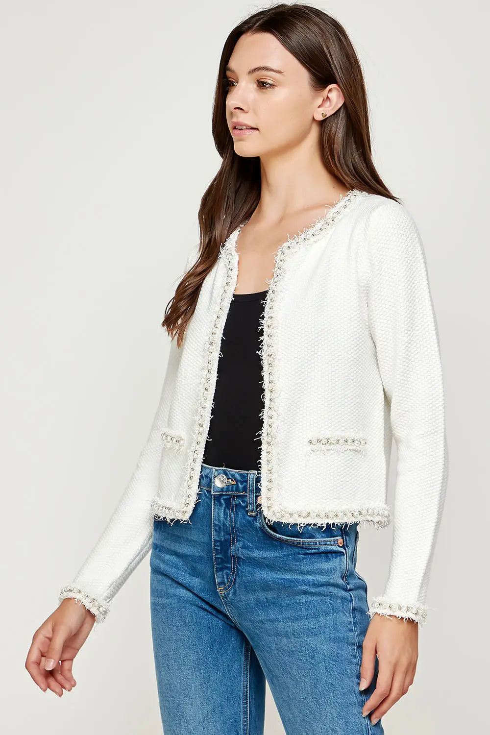 Ivory Josette Frayed Pearl Detail Knit Sweater Jacket