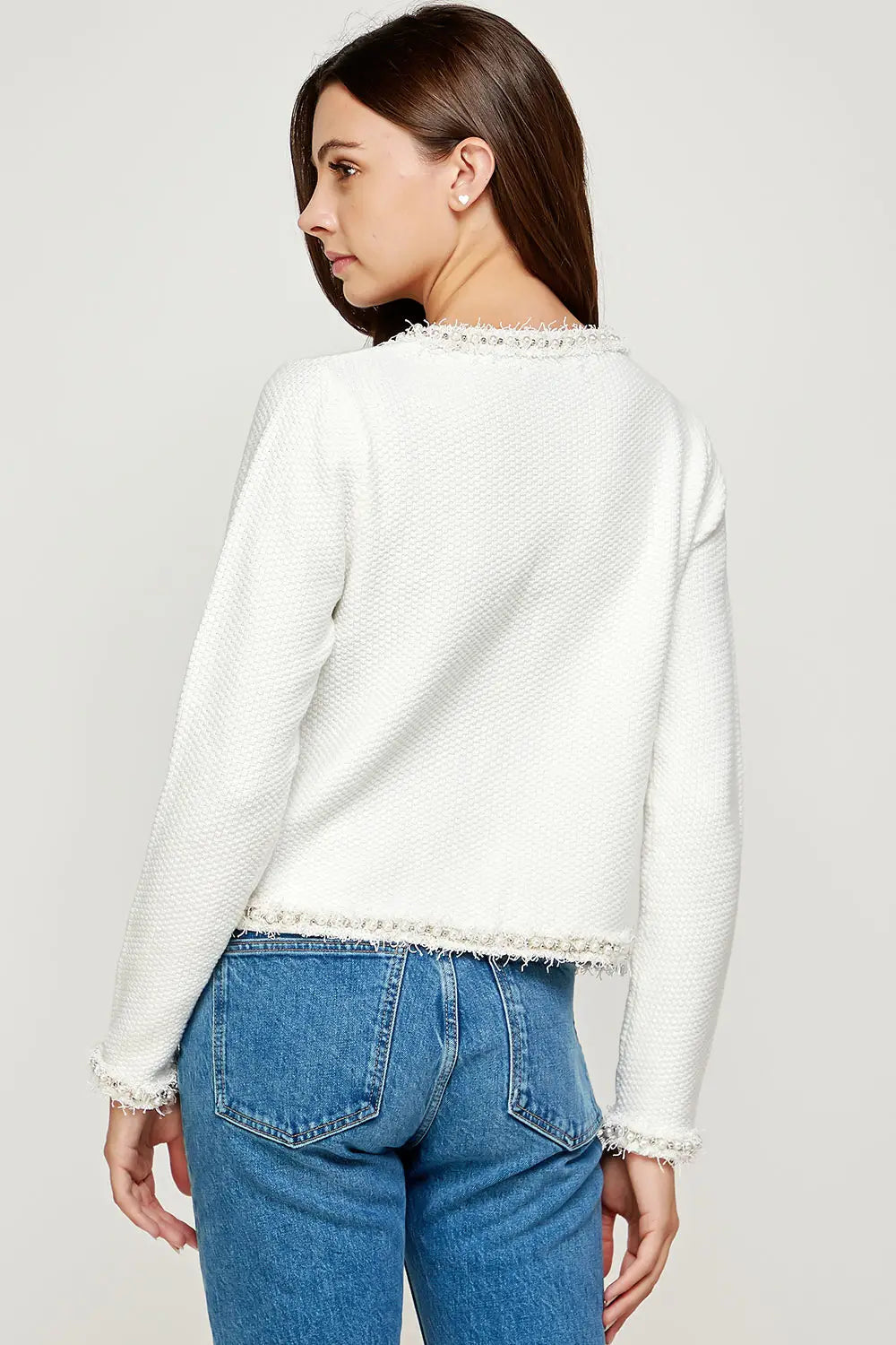 Ivory Josette Frayed Pearl Detail Knit Sweater Jacket