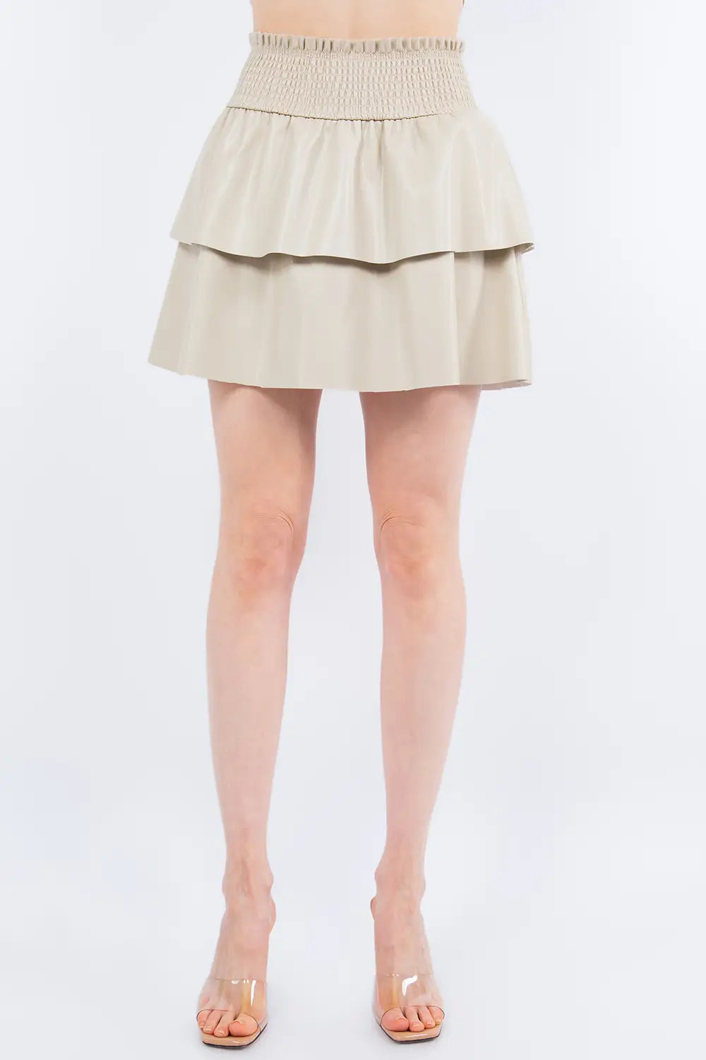 Beige Faux Leather Smocking Skirt