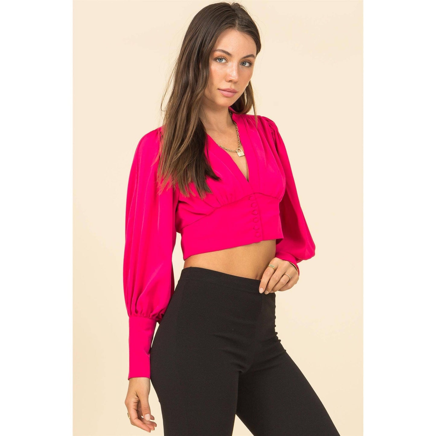 Pink Puff Sleeve Crop Blouse