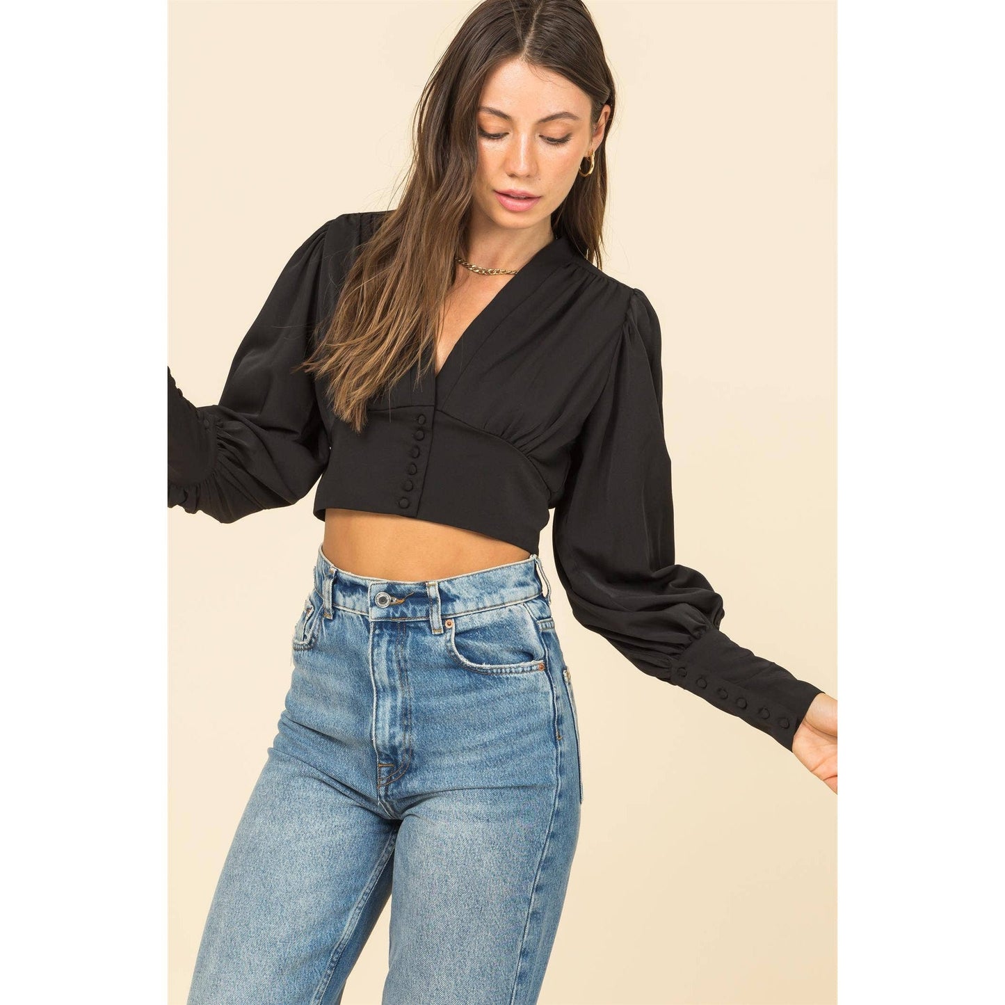 Black Puff Sleeve Crop Blouse