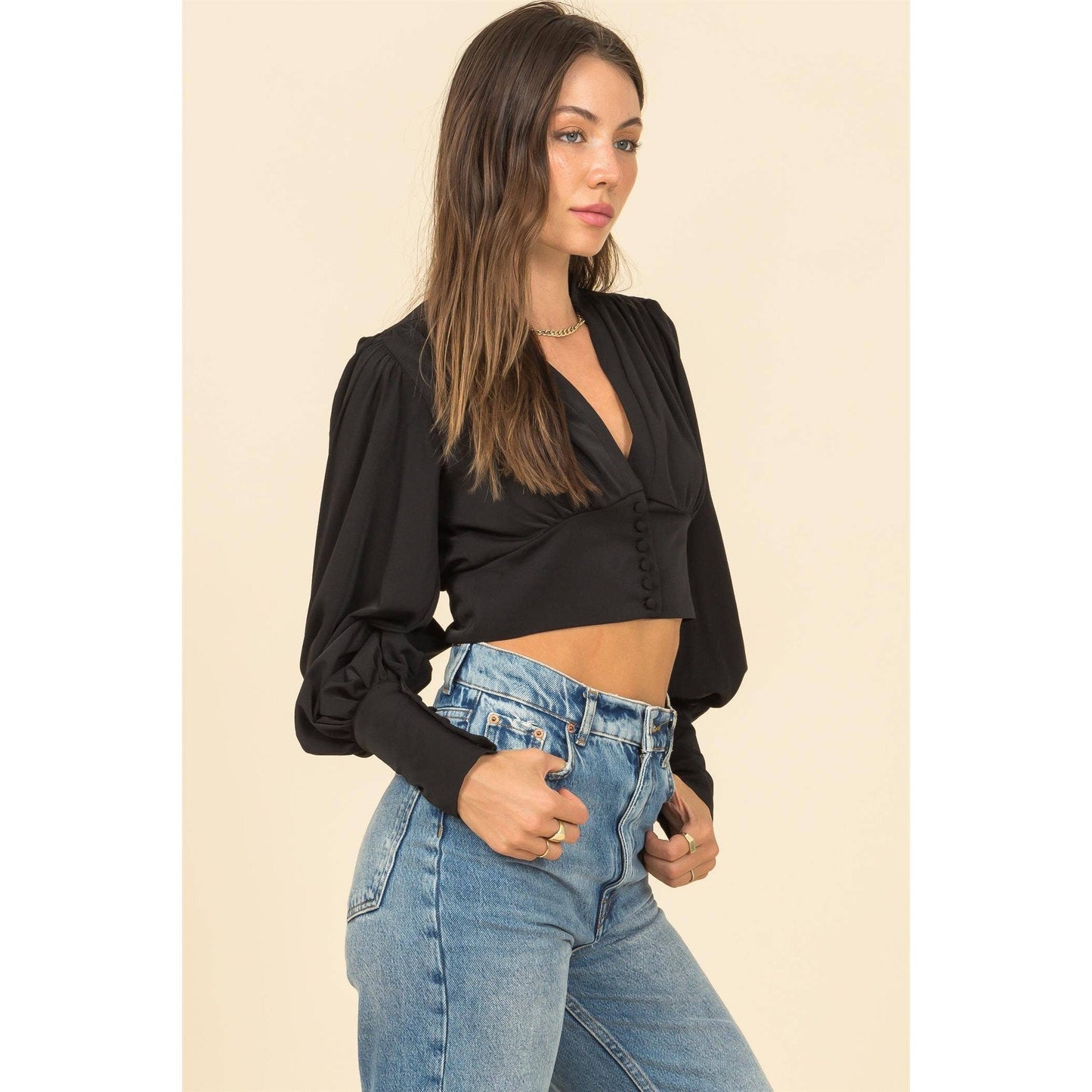 Black Puff Sleeve Crop Blouse