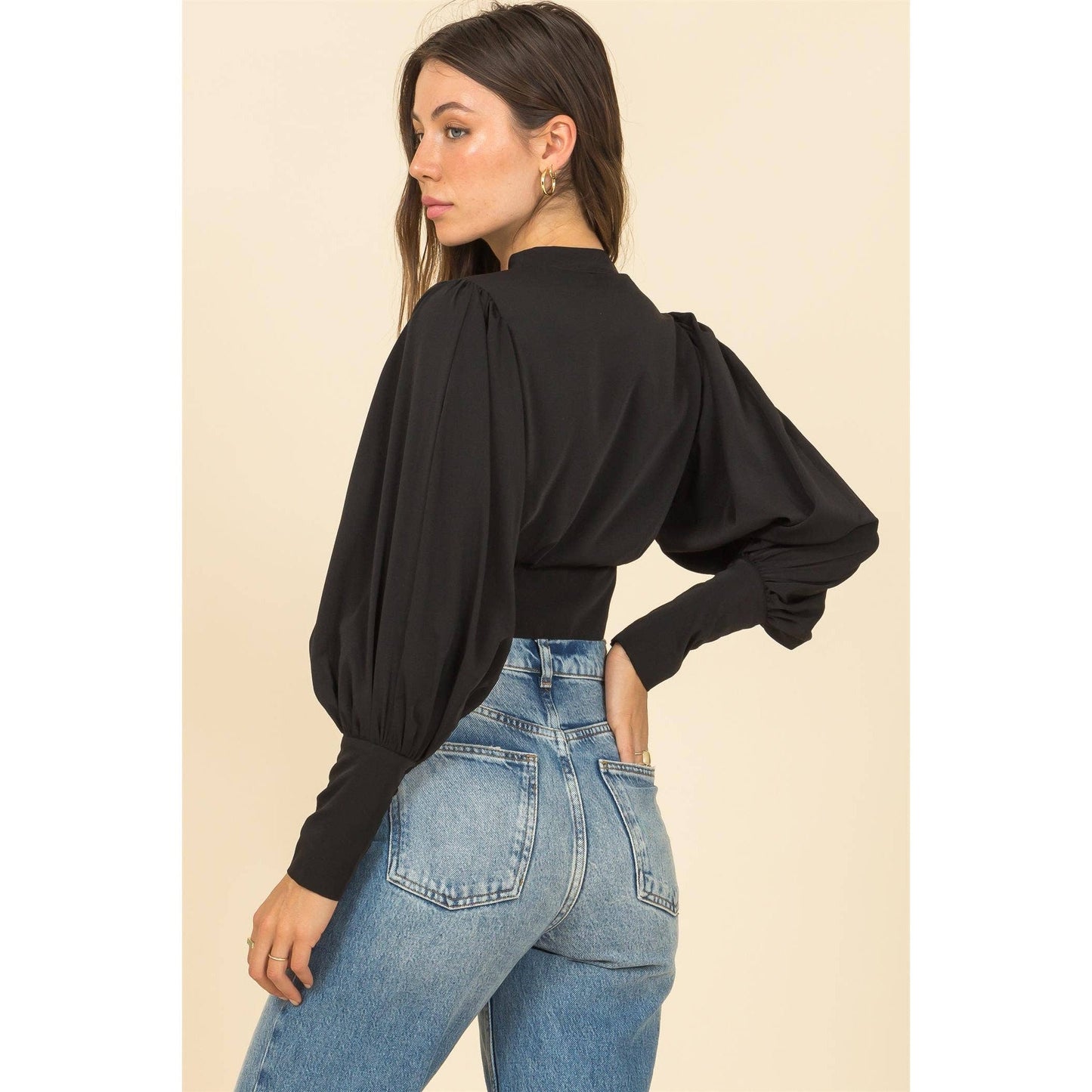 Black Puff Sleeve Crop Blouse