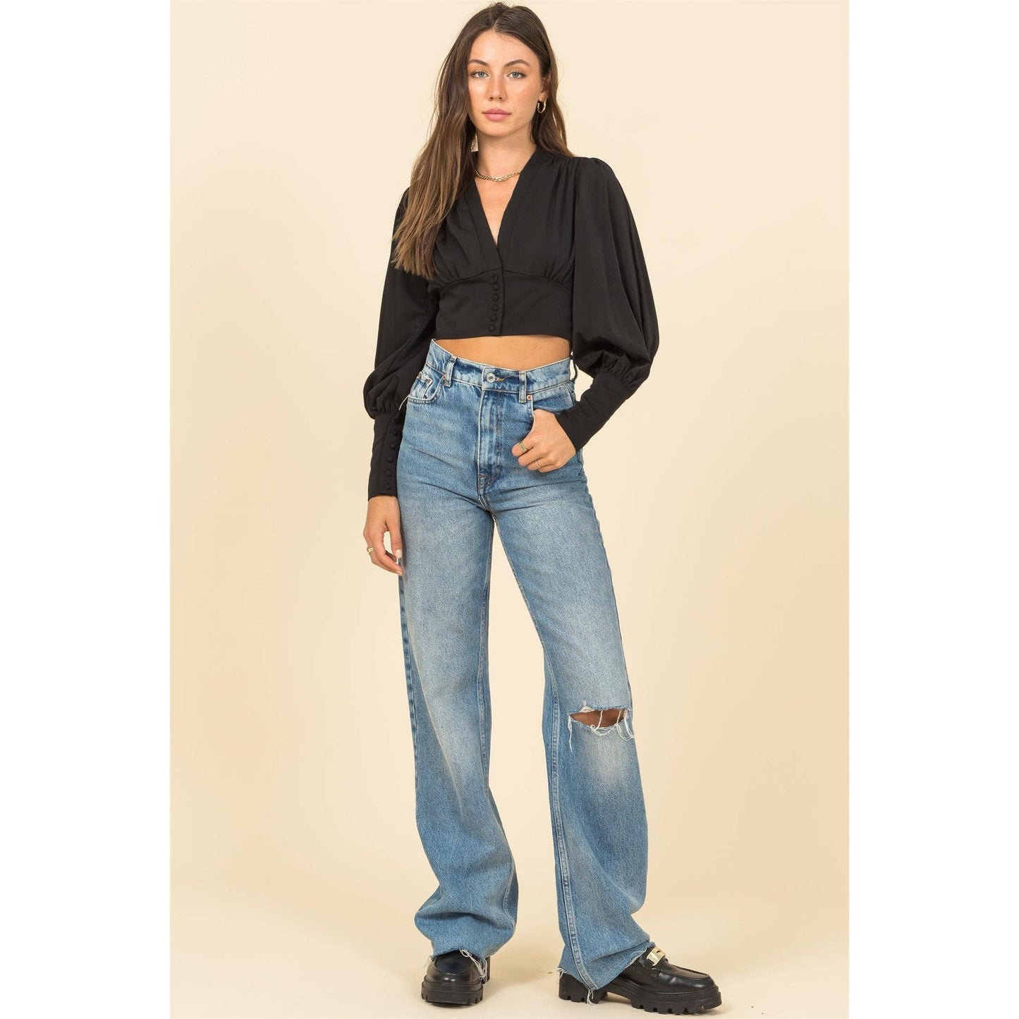 Black Puff Sleeve Crop Blouse