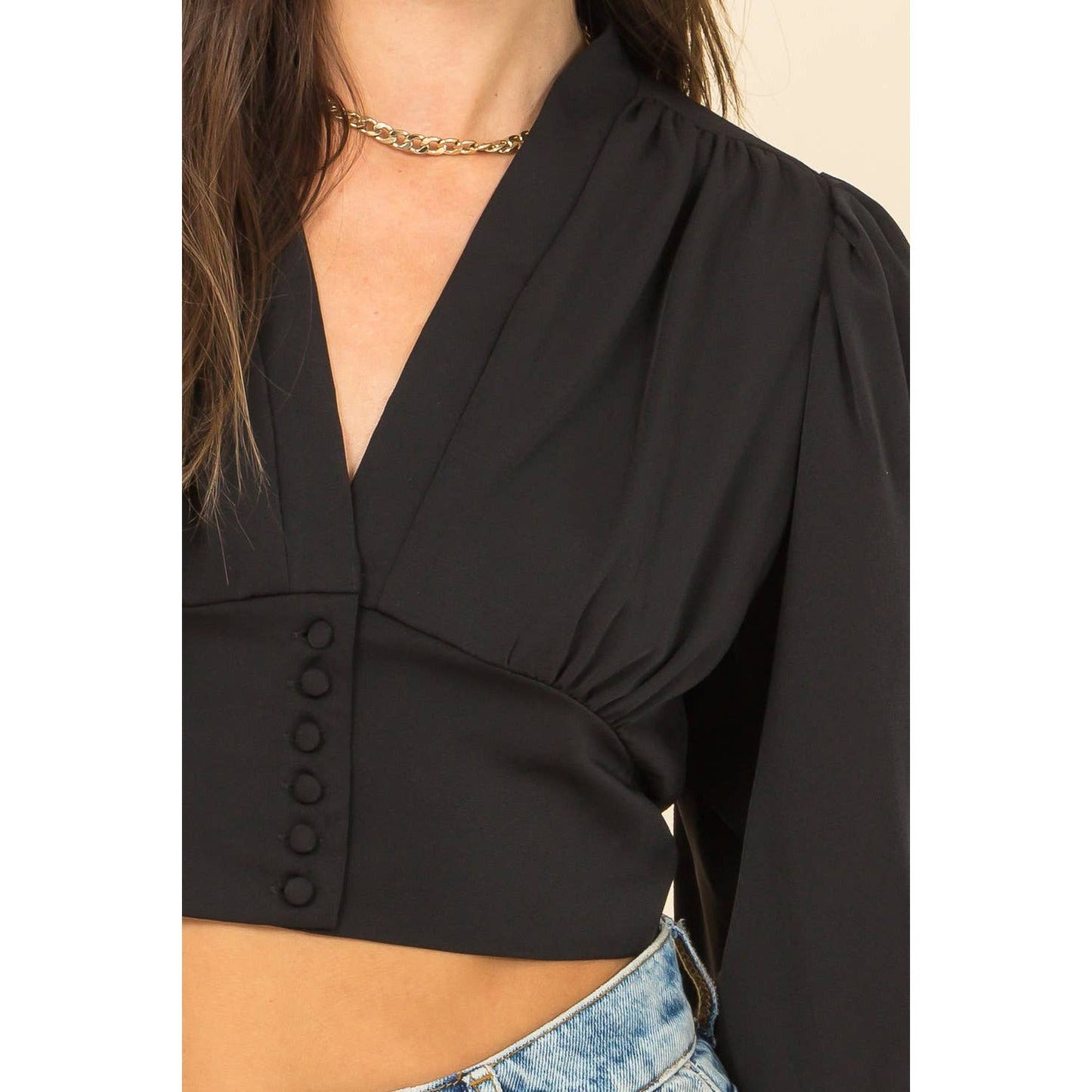 Black Puff Sleeve Crop Blouse