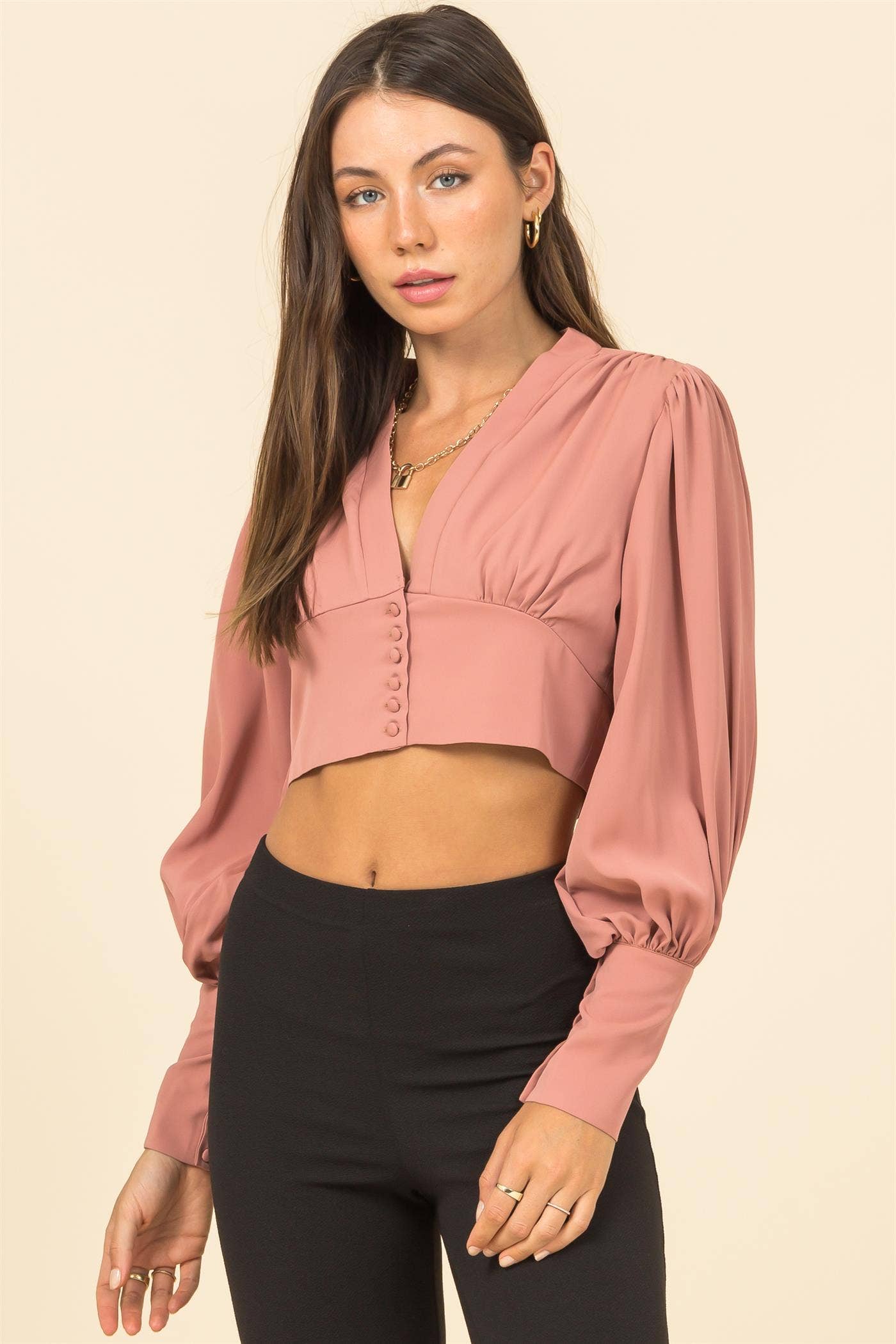 Mauve Puff Sleeve Crop Blouse