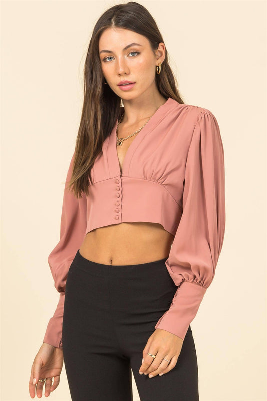 Mauve Puff Sleeve Crop Blouse
