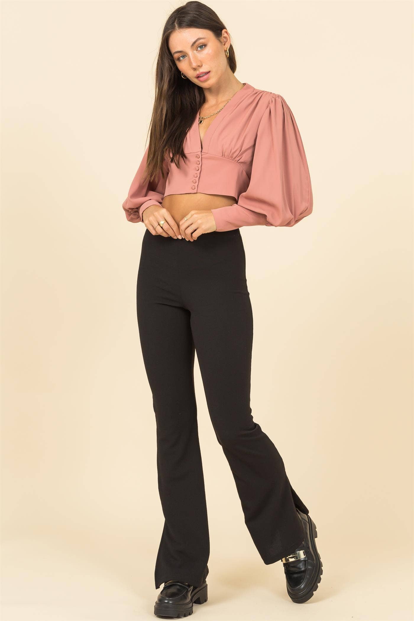 Mauve Puff Sleeve Crop Blouse