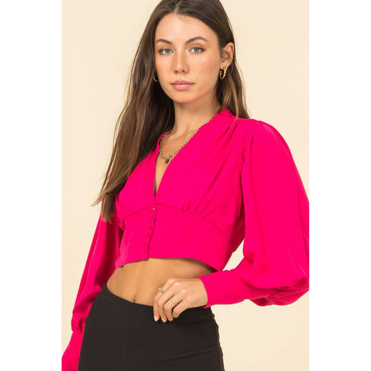 Pink Puff Sleeve Crop Blouse