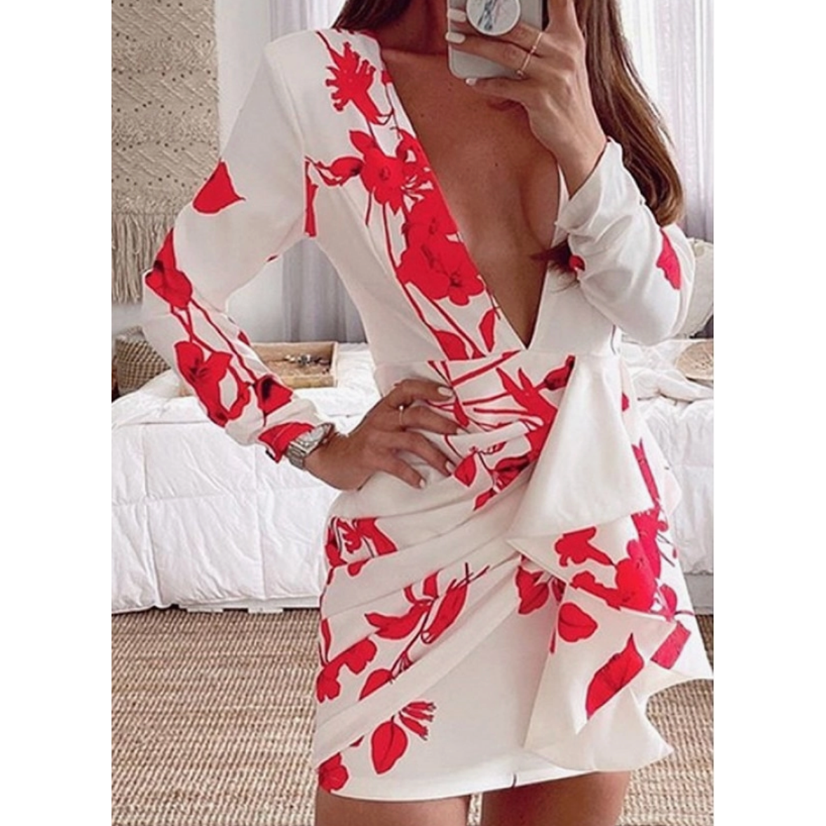 Red & White Backless Long Sleeve Floral Mini Dress