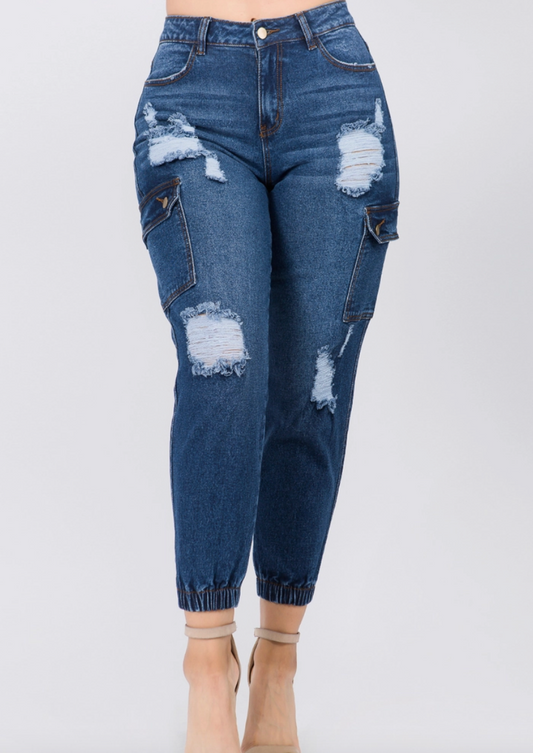 High Waist Distressed Cargo Curvy Fit Joggers Jeans