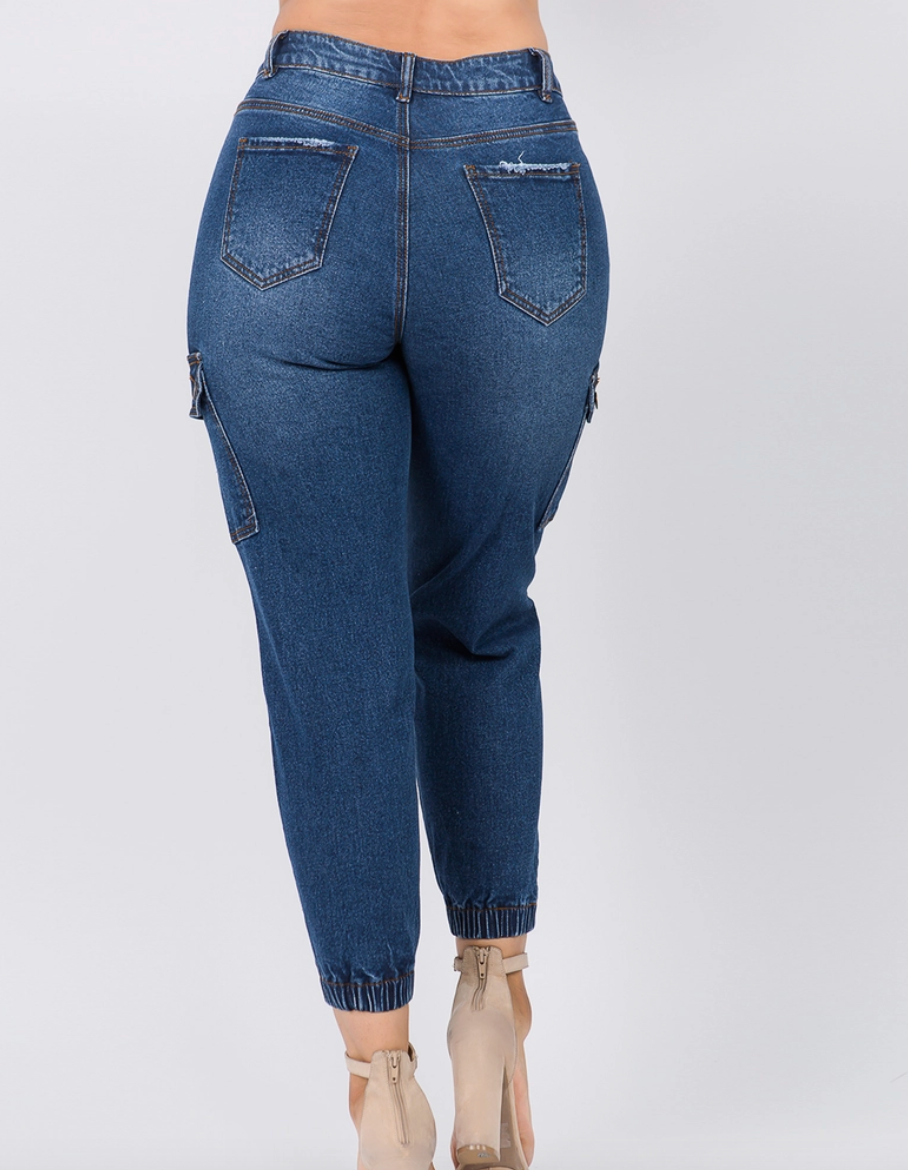 High Waist Distressed Cargo Curvy Fit Joggers Jeans