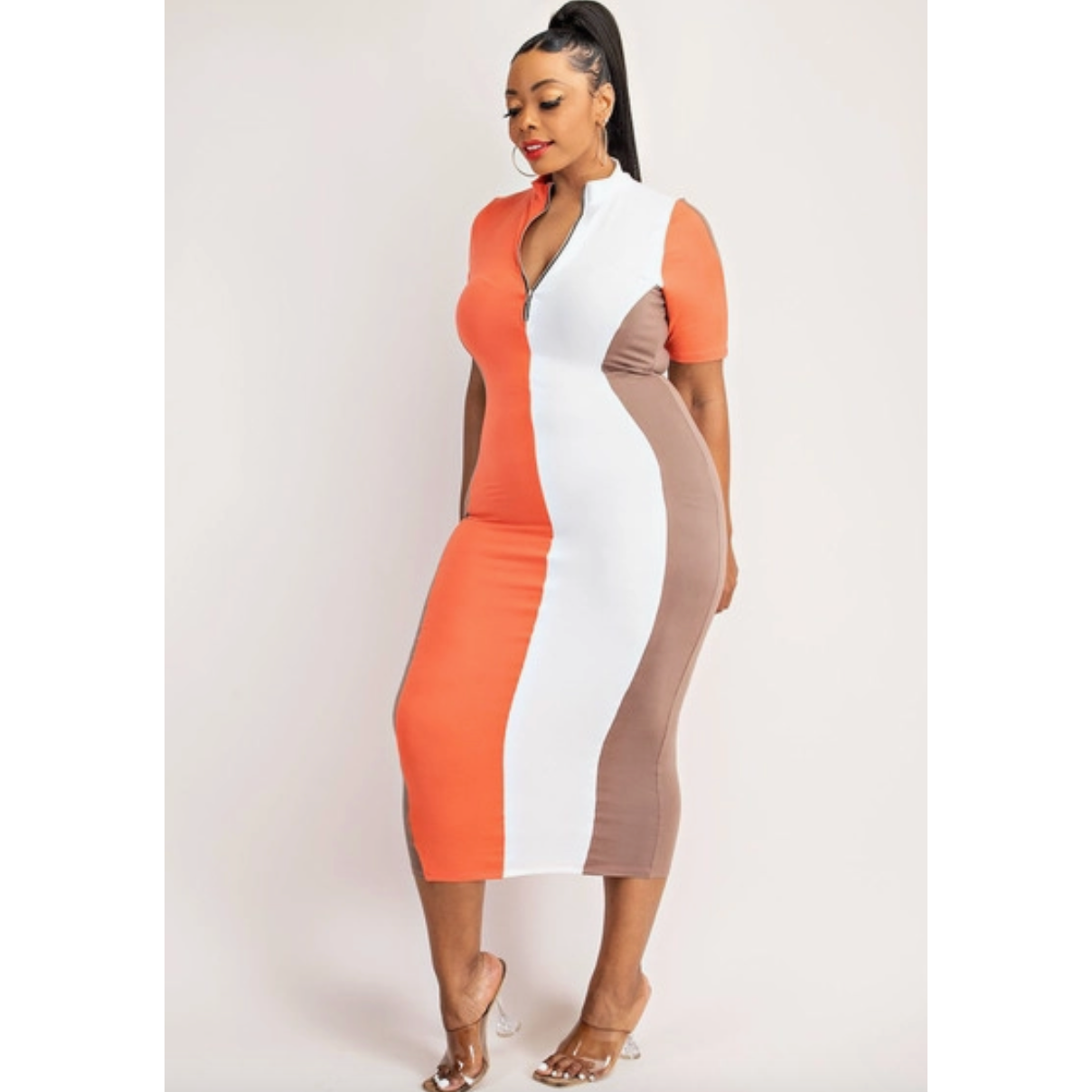 Tri Color Zip Front Curvy Dress
