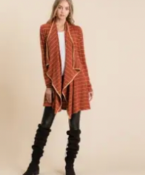 Rust Striped Curvy Fit Cardigan with Suede Detail