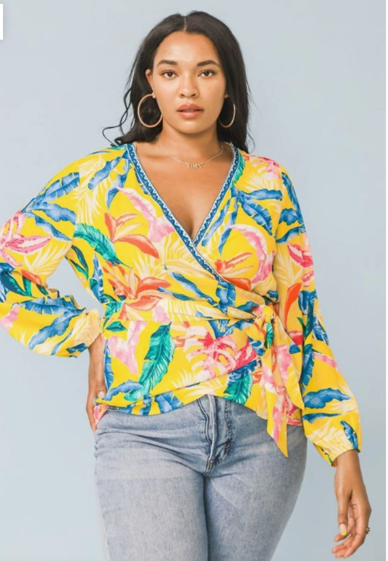 Yellow Tropics Wrap Curvy Fit Blouse