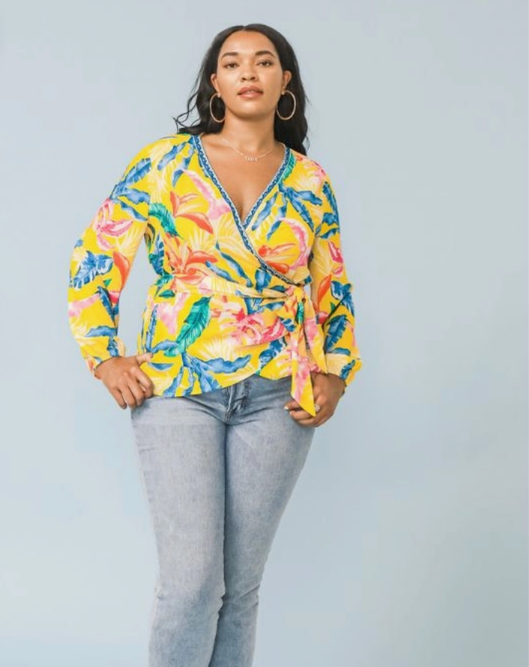 Yellow Tropics Wrap Curvy Fit Blouse