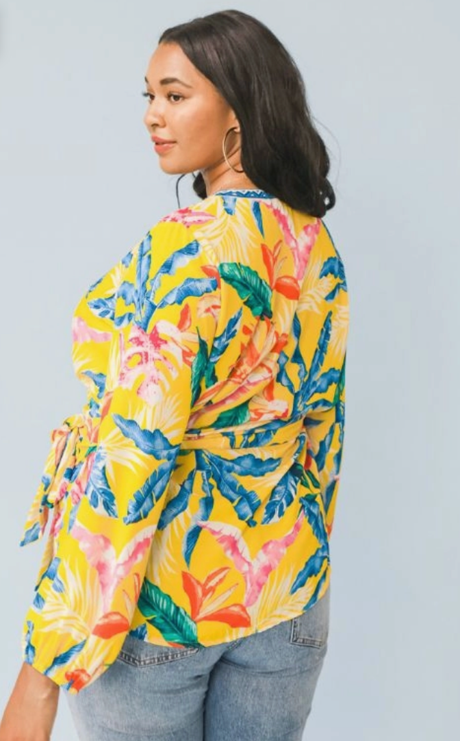 Yellow Tropics Wrap Curvy Fit Blouse