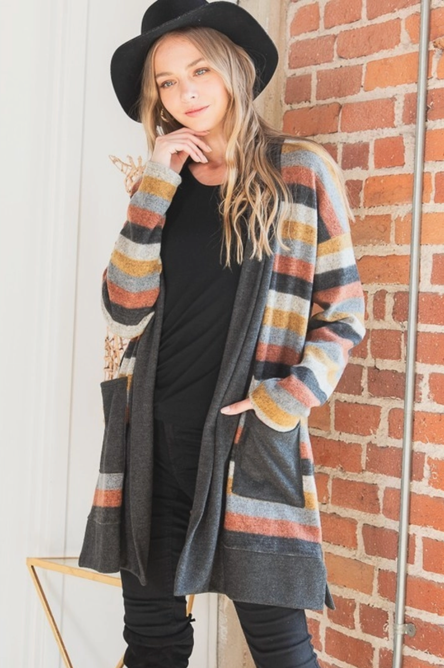 Multi Stripe Curvy Fit Sweater Cardigan