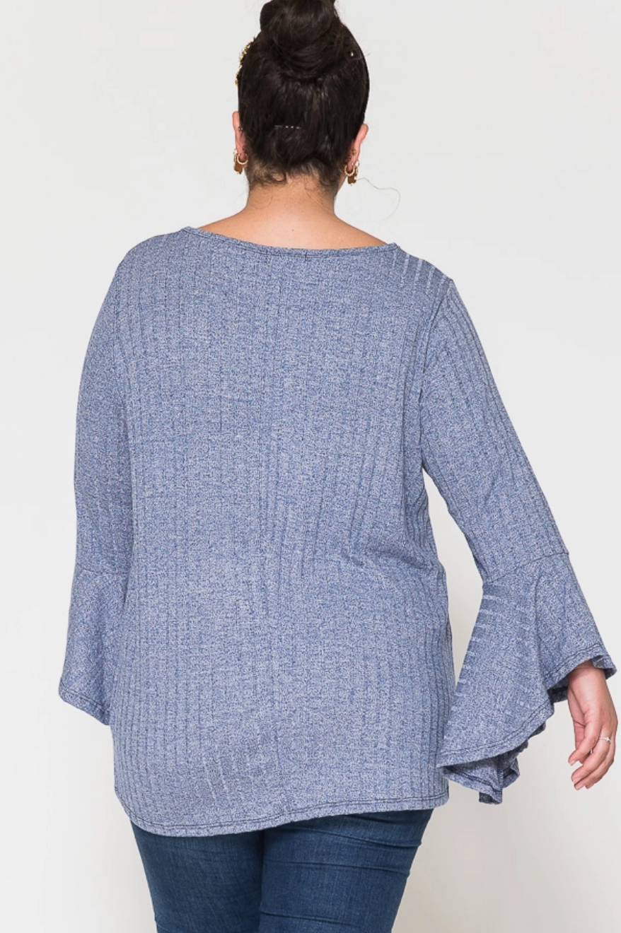 Blue Keyhole Two Tone Bell Sleeve Curvy Fit Top