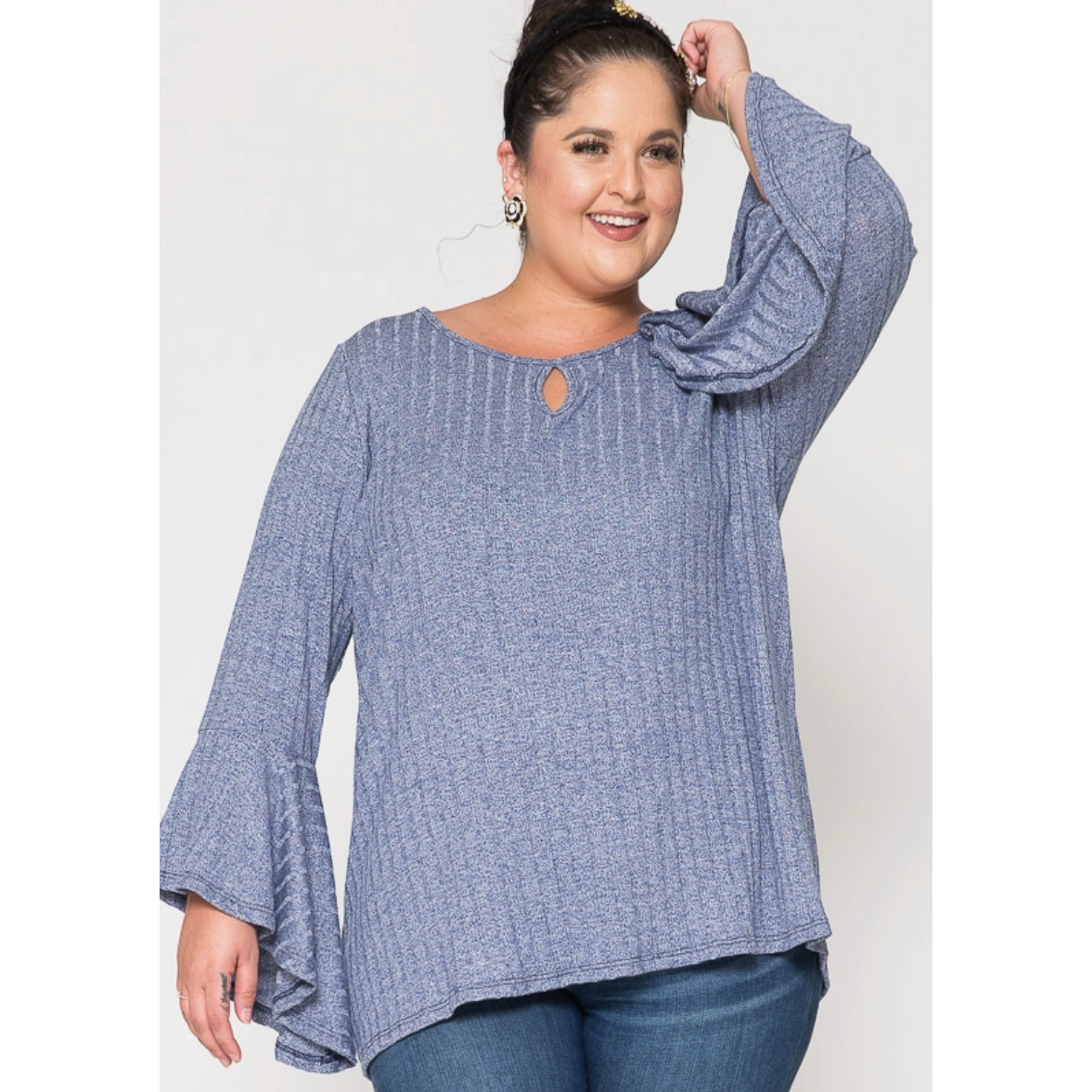 Blue Keyhole Two Tone Bell Sleeve Curvy Fit Top